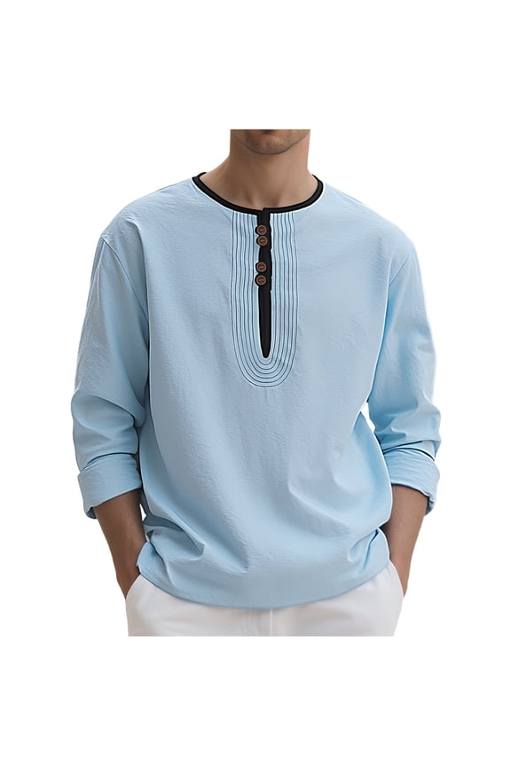 Linen Shirts for Men Casual Long Sleeve Crewneck Trendy Pullover Tops Loose Fit Breathable Quarter Button Solid Shirts Light Blue S