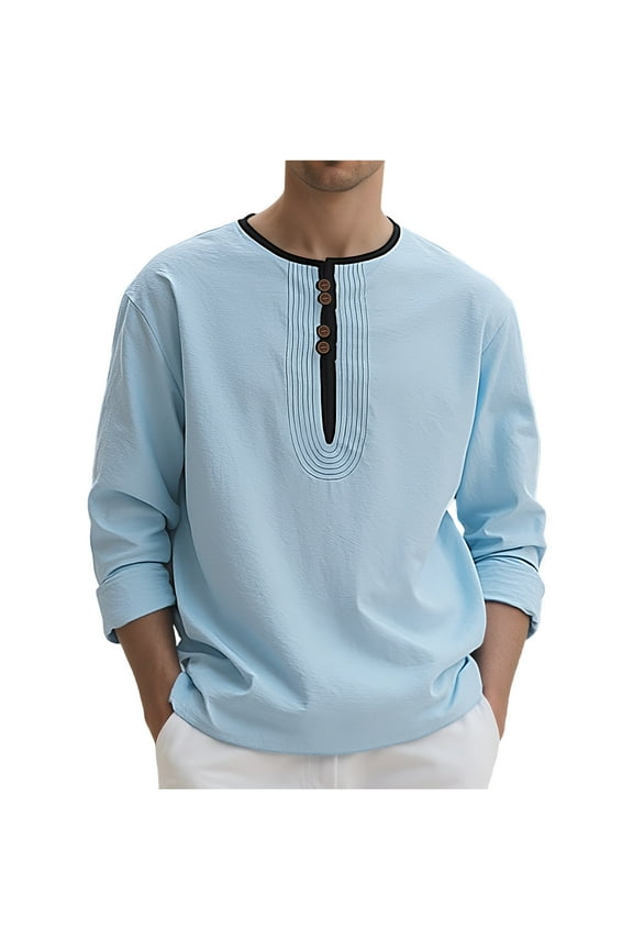 Linen Shirts for Men Casual Long Sleeve Crewneck Trendy Pullover Tops Loose Fit Breathable Quarter Button Solid Shirts Light Blue XXL