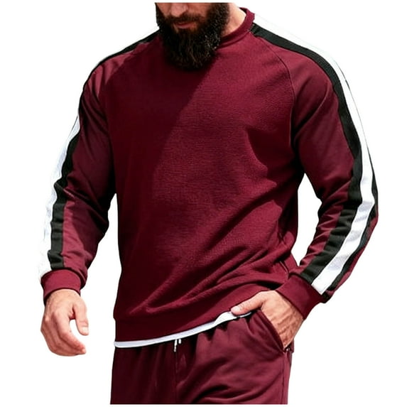 Timoontee Long Sleeve Shirts for Men Crewneck Pullover Spring Fall Casual Stripes Sweatshirts Loose Athletic Tops for Running Mountain Gym Workout Wine XXL