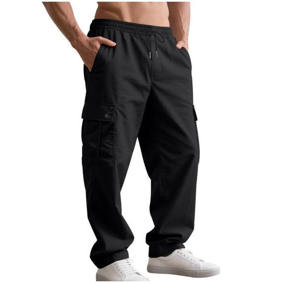 Timoontee Loose Straight Cargo Pants for Men Outdoor Casual Workout Pants Multi Pockets Work Pants Lightweight Drawstring Elastic Waist Trousers Black M