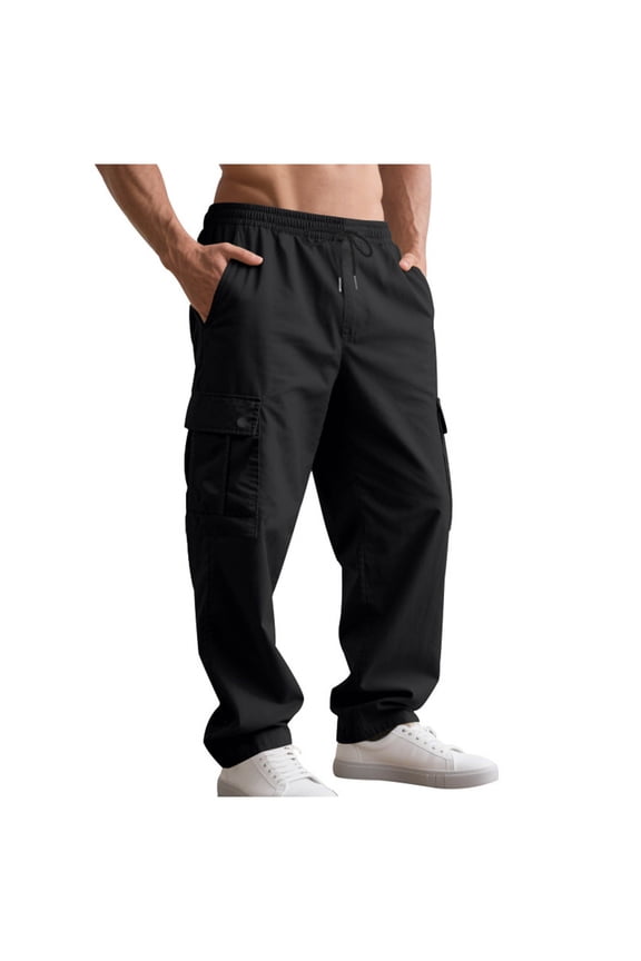 Loose Straight Cargo Pants for Men Outdoor Casual Workout Pants Multi Pockets Work Pants Lightweight Drawstring Elastic Waist Trousers Black XL