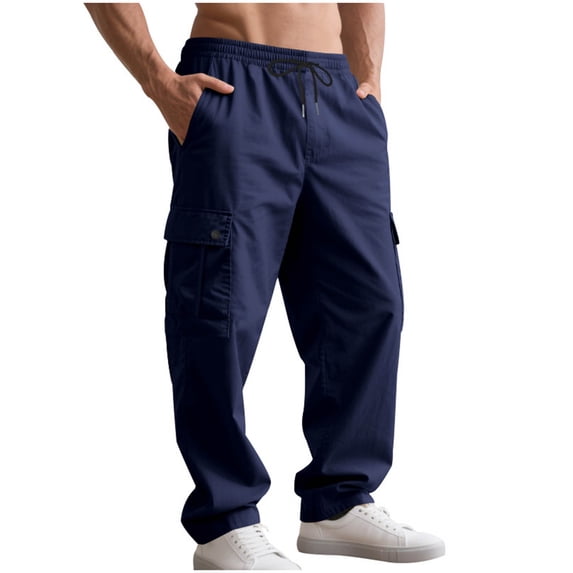 Timoontee Loose Straight Cargo Pants for Men Outdoor Casual Workout Pants Multi Pockets Work Pants Lightweight Drawstring Elastic Waist Trousers Navy M