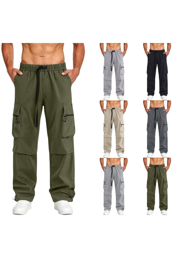 Men Adjustable Strap Waist Multi Zipper Flap Cargo Wide Leg Woven Pants Adjustable Drawcuff Hem Large Side Storage Pockets Quick Dry Windproof Skate Outdoor Streetwear Trousers L