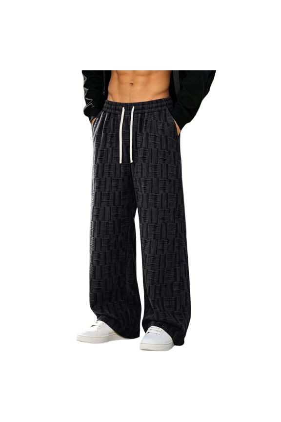 Men All Over Geometric Pattern Wide Leg Knit Pants Elastic Drawstring Waist Soft Textured Oversized Hip Hop Loungewear Trousers Black XXXXL