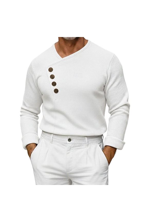 Men Asymmetric Oblique Button V Neck Waffle Long Sleeve Top Slim Stretch Knit Minimalist Fashion Daily Walking Casual Tops White S