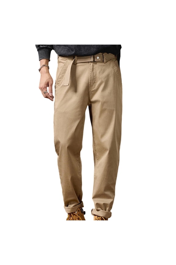 Men Belted Drawstring Decor Straight Twill Chino Pants Relaxed Cuffed Ankle Outdoor Travel Business Casual Trousers Yellow S