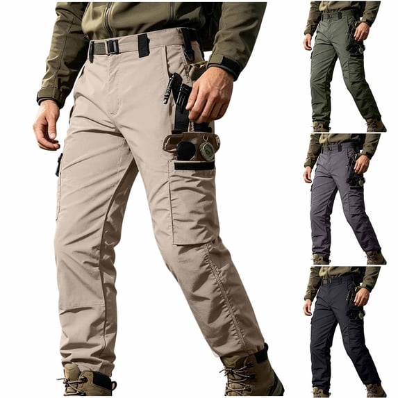Timoontee Men Belted Multi Pocket Tactical Hiking Cargo Pants Wind Water Resistant Reinforced Knee Outdoor Mountain Trekking Work Trousers Green L