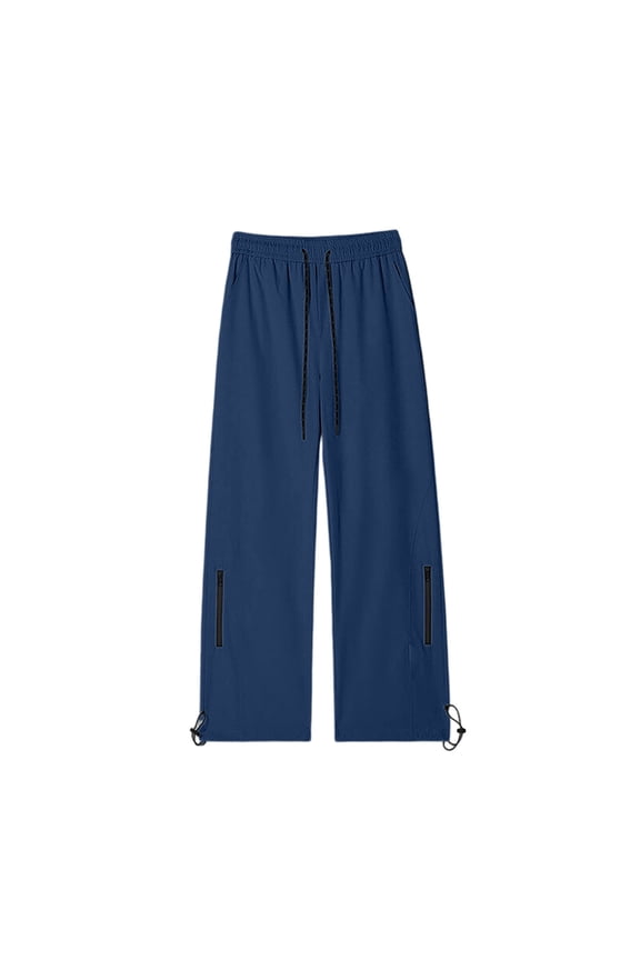 Men Braided Drawstring Elastic High Waist Adjustable Hem Side Zipper Wide Leg Woven Pants Deep Side Pockets Quick Dry Breathable Travel Outdoor Trousers XXL