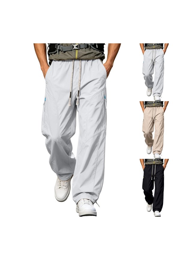 Men Braided Drawstring Elastic High Waist Curved Stitch Wide Leg Outdoor Hiking Pants Multi Zipper Cargo Pockets Windproof Quick Dry Camping Trousers L