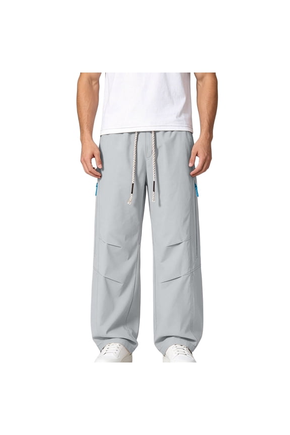 Men Braided Drawstring Elastic Waist Contrast Stitch Pleated Wide Leg Cargo Woven Pants Multi Functional Side Pockets Lightweight Skate Urban Casual Trousers XL