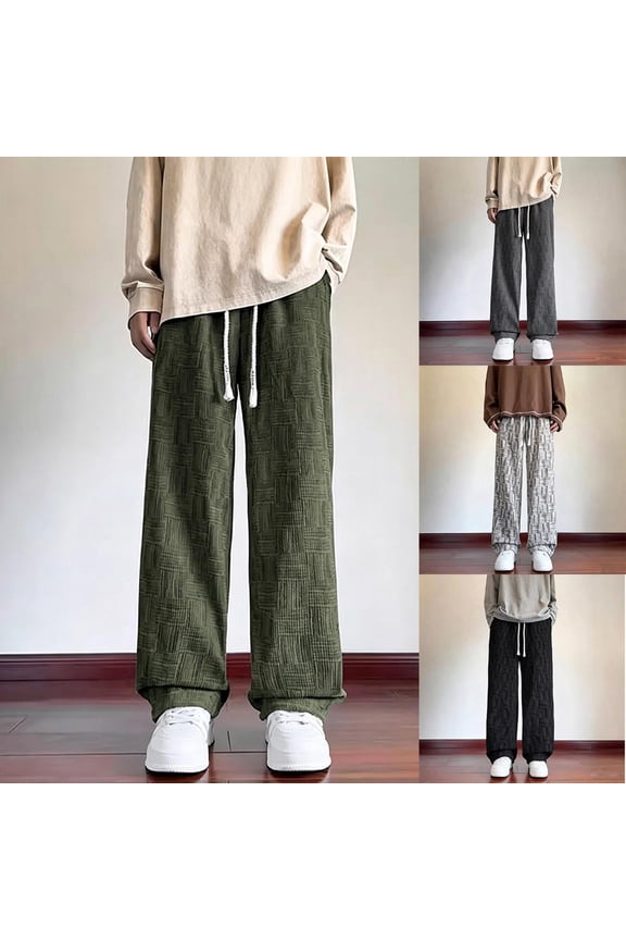 Men Braided Drawstring Textured Wide Leg Woven Pants All Over Grid Pattern Oversized Hip Hop Streetwear Loose Fit Trousers Black L