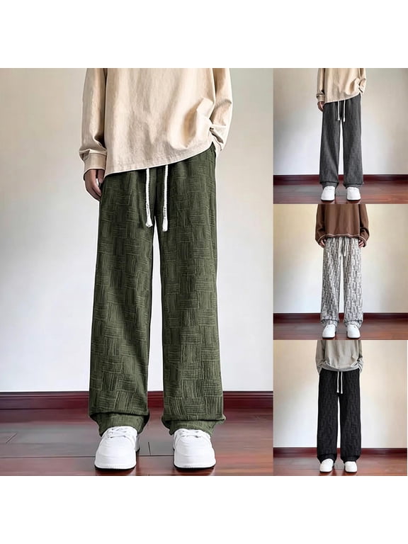 Men Braided Drawstring Textured Wide Leg Woven Pants All Over Grid Pattern Oversized Hip Hop Streetwear Loose Fit Trousers Black L