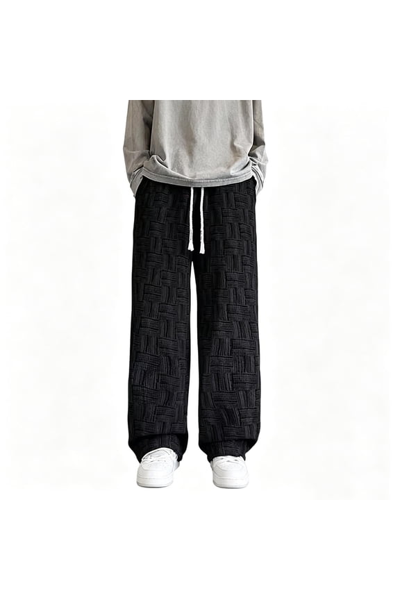 Men Braided Drawstring Textured Wide Leg Woven Pants All Over Grid Pattern Oversized Hip Hop Streetwear Loose Fit Trousers Black XXXXL