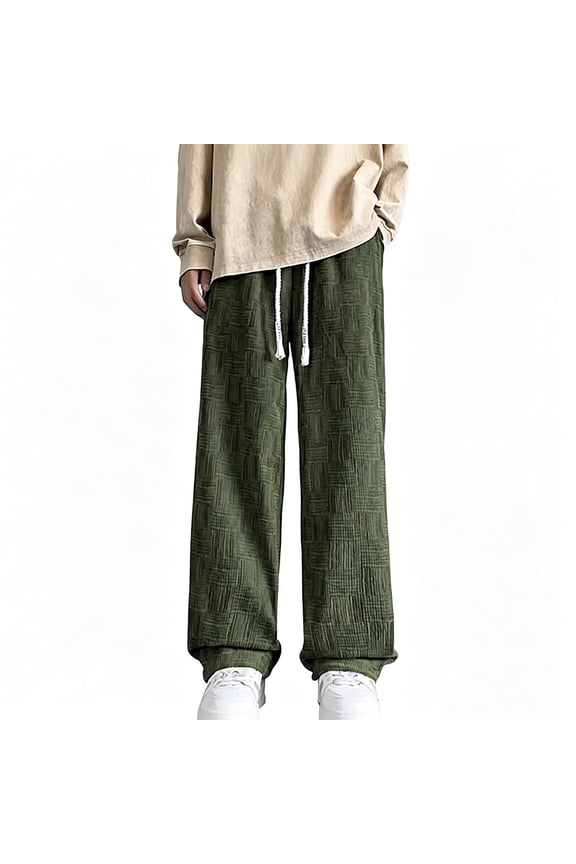 Men Braided Drawstring Textured Wide Leg Woven Pants All Over Grid Pattern Oversized Hip Hop Streetwear Loose Fit Trousers Green XL