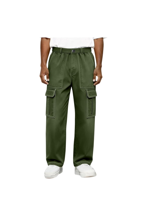 Men Button Fly Contrast Stitch Multi Flap Wide Leg Cargo Pants Quick Dry Twill Urban Skate Hip Hop Street Trousers Green M