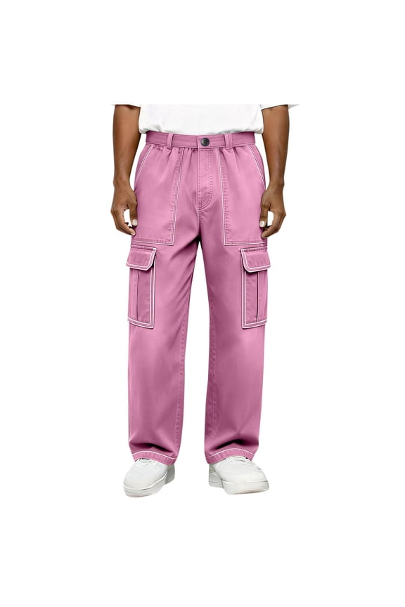 Men Button Fly Contrast Stitch Multi Flap Wide Leg Cargo Pants Quick Dry Twill Urban Skate Hip Hop Street Trousers Pink L