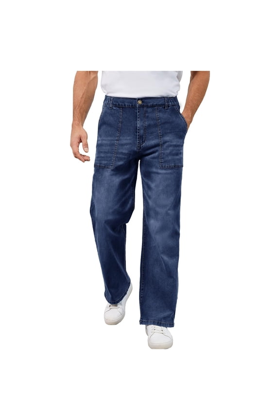 Men Button Fly Double Front Patch Pocket Straight Denim Cargo Pants Vintage Washed Loose Fit Urban Street Trousers Blue L