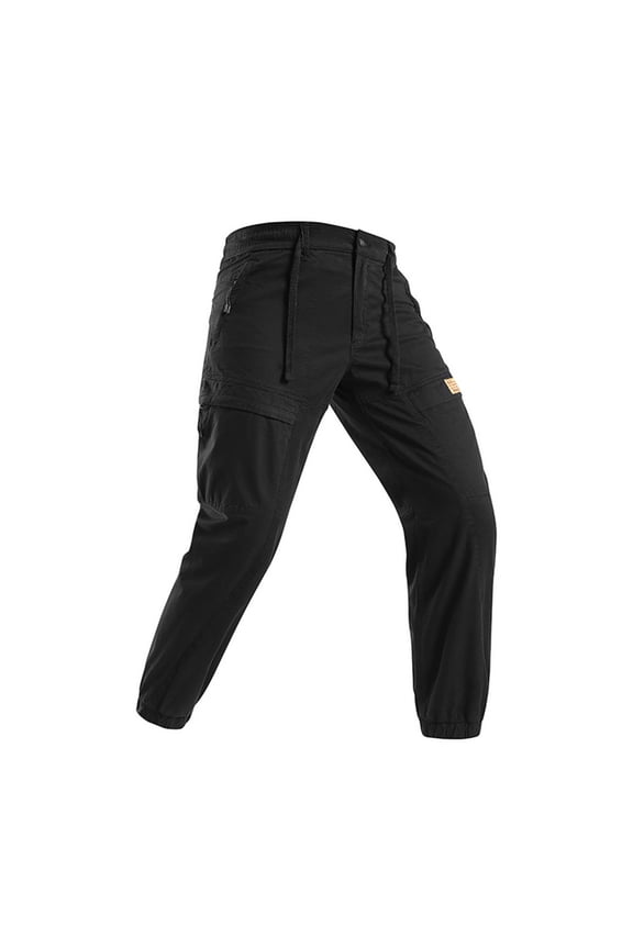 Men Button Fly Label Patch Multi Pocket Rib Ankle Cargo Jogger Pants Quick Dry Twill Outdoor Travel Street Trousers Black S