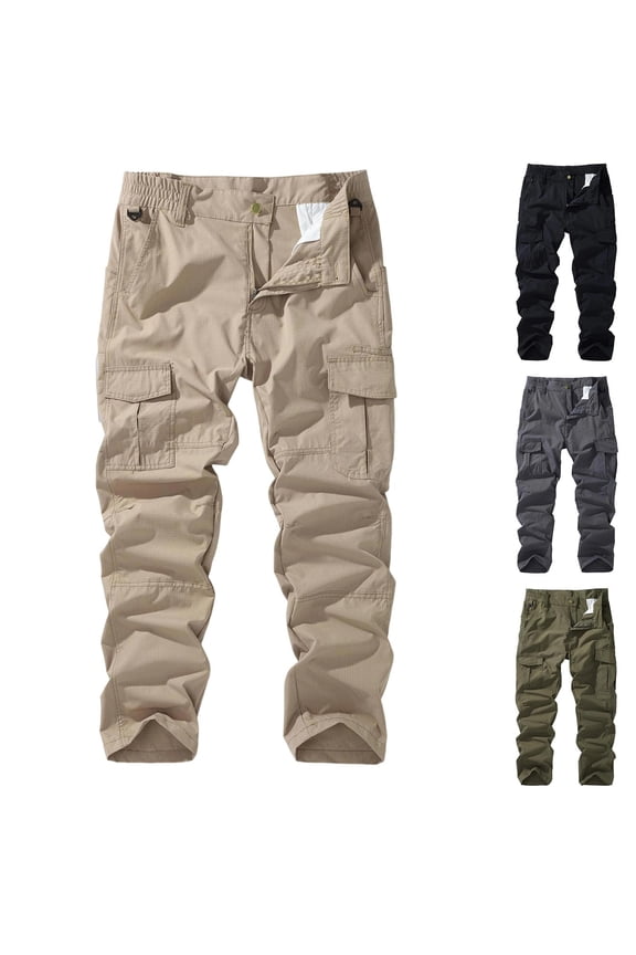 Men Button Fly Multi Flap Cargo Straight Leg Ripstop Woven Pants Belt Loops Adjustable Cuff Hem Water Resistant Outdoor Hiking Work Trekking Trousers 30