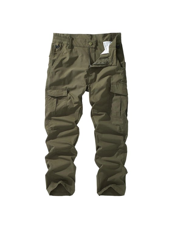 Men Button Fly Multi Flap Cargo Straight Leg Ripstop Woven Pants Belt Loops Adjustable Cuff Hem Water Resistant Outdoor Hiking Work Trekking Trousers 32