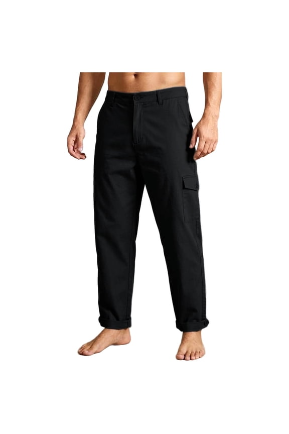 Men Button Fly Single Flap Pocket Straight Cargo Pants Heavy Twill Roll Cuff Hem Belt Loops Outdoor Work Weekend Utility Trousers Black XXL