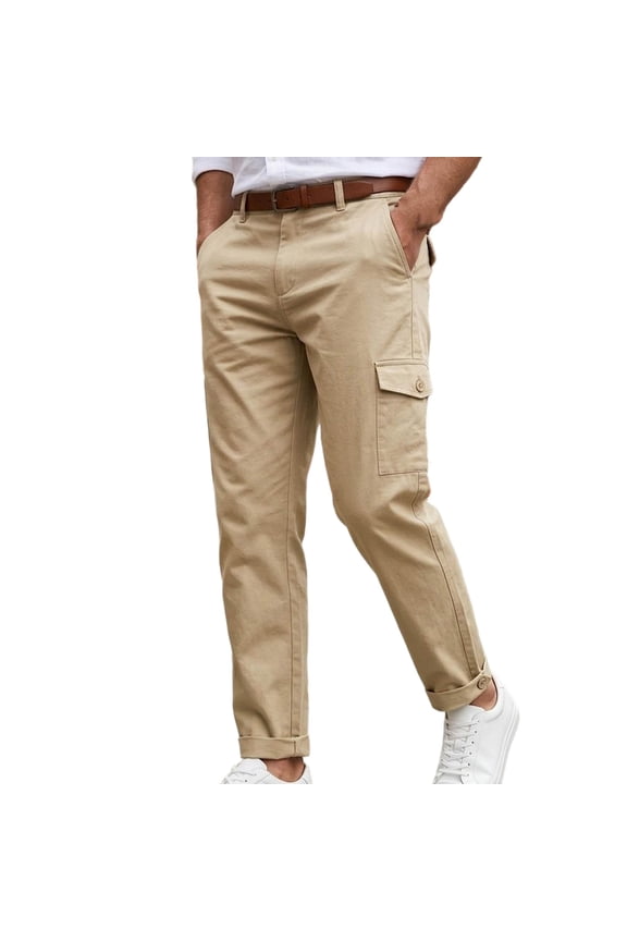 Men Button Fly Single Flap Pocket Straight Cargo Pants Heavy Twill Roll Cuff Hem Belt Loops Outdoor Work Weekend Utility Trousers Yellow M