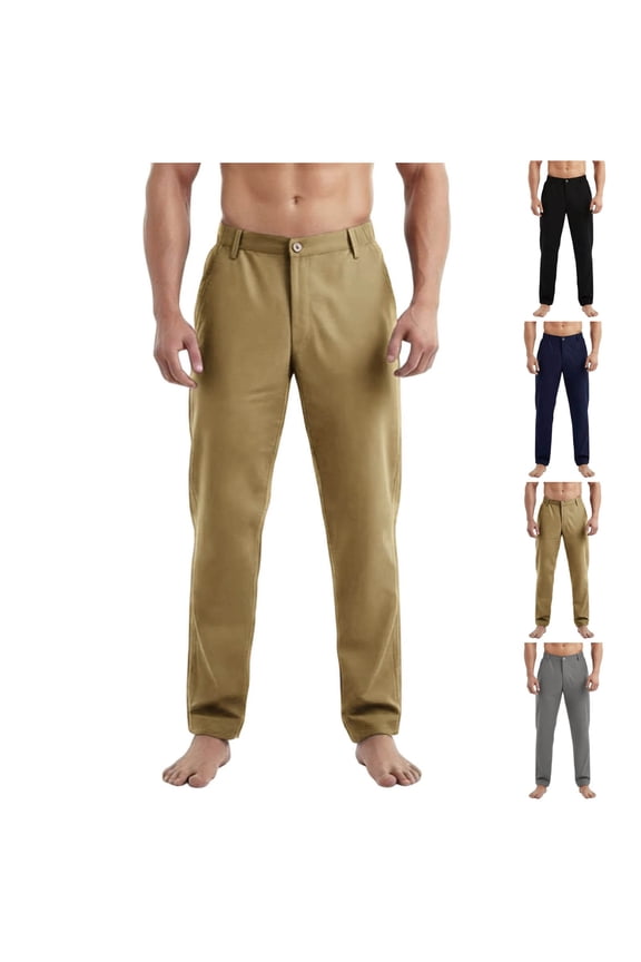 Men Button Front Elastic Back Waist Straight Slim Quick Dry Chino Pants Deep Side Pockets Wrinkle Resistant Office Commute Sightseeing Daily Trousers L