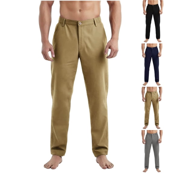 Timoontee Men Button Front Elastic Back Waist Straight Slim Quick Dry Chino Pants Deep Side Pockets Wrinkle Resistant Office Commute Sightseeing Daily Trousers L