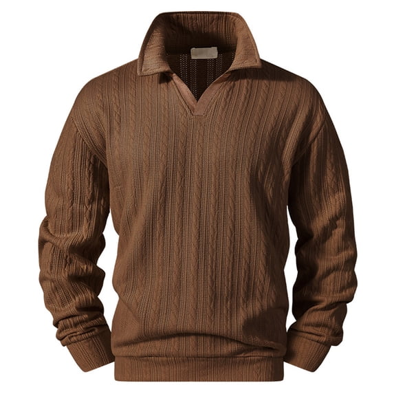 Timoontee Men Cable Knit Textured Sweatshirt Lapel V Neck Long Sleeve Loose Fit Fashion Daily Pullover Sweatshirt Brown XXXL