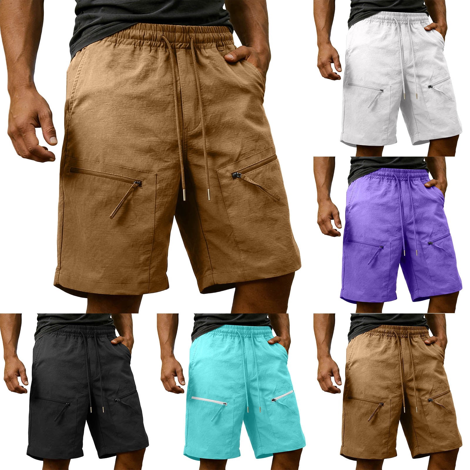Men Casual Shorts Stretchy Elastic Waist for Summer Wear Multiple Utility Pockets Durable Construction Beige L