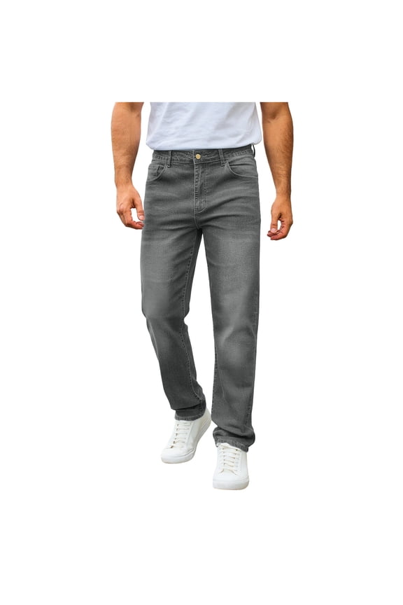 Men Classic Straight Leg Washed Denim Jeans Metal Button Fly Four Pocket Wrinkle Resistant Soft Stretch Daily Walking Casual Trousers Gray XXL