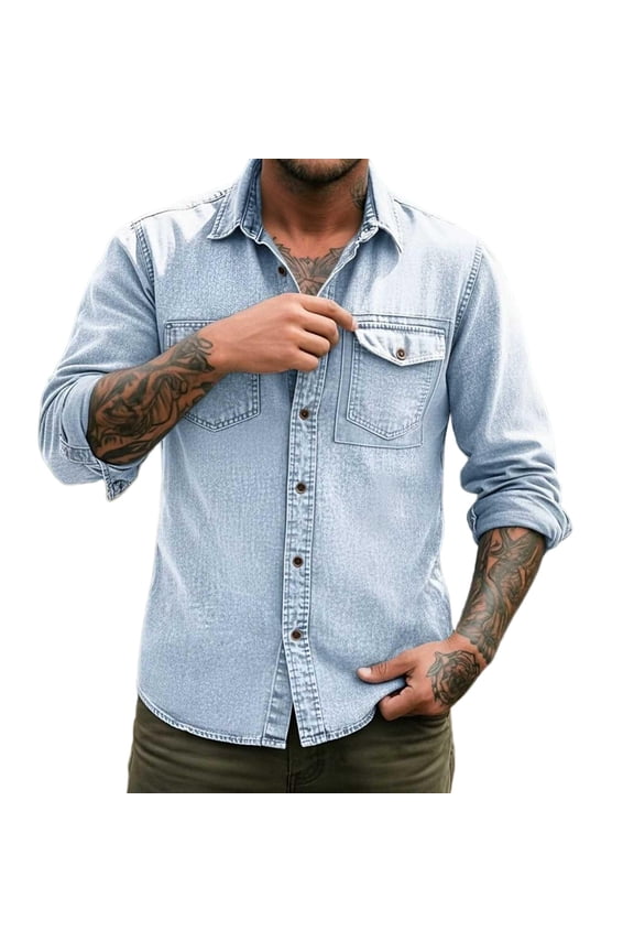 Men Classic Washed Long Sleeve Denim Shirt Dual Snap Chest Patch Pockets Wrinkle Resistant Rugged Street Cowboy Daily Work Tops Blue XL