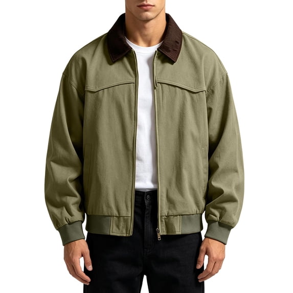 Timoontee Men Collared Utility Jacket Zip Up Loose Fit Casual Outerwear Ribbed Hem Lightweight Wind Resistant Short Coat for Daily Street Work Casual Wear Green XXL