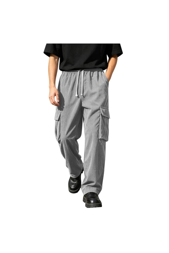 Men Contrast Drawstring Elastic High Waist Multi Flap Cargo Corduroy Wide Leg Pants Deep Side Patch Pockets Thick Soft Textured Streetwear Daily Trousers L