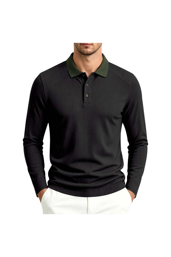 Men Contrast Rib Collar Long Sleeve Textured Shirt Three Button Placket Raglan Seam Slim Fit Breathable Knit Golf Business Casual Tops Black L