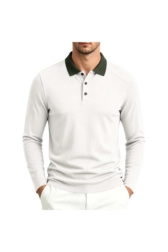 Men Contrast Rib Collar Long Sleeve Textured Shirt Three Button Placket Raglan Seam Slim Fit Breathable Knit Golf Business Casual Tops White S