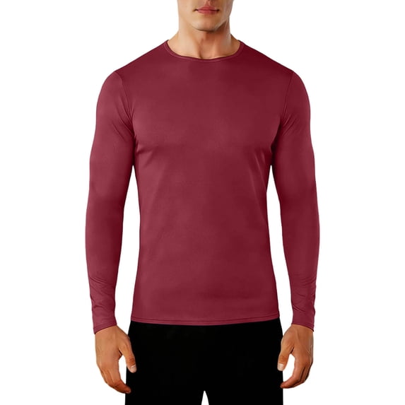 Timoontee Men Crew Neck Solid Compression Long Sleeve Base Layer Shirt Four Way Stretch Soft Smooth Thermal Workout Undergarment Tops Red L