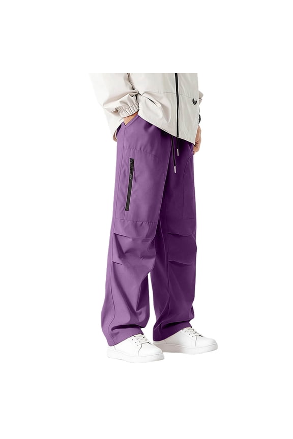 Men Diagonal Zip Pocket Wide Leg Tech Cargo Pants Drawstring Waist Quick Dry Ripstop Oversized Baggy City Travel Street Trousers Purple XL