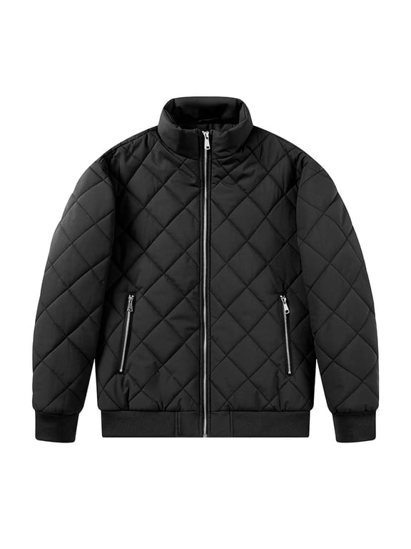 Men Diamond QuiltedJacket Stand Collar Full Zip Closure Zipper Side Pockets Ribbed Cuffs Hem Lightweight Padded Outerwear Coat For Fall Winter Outdoor Travel Daily Casual Wear Black XXL