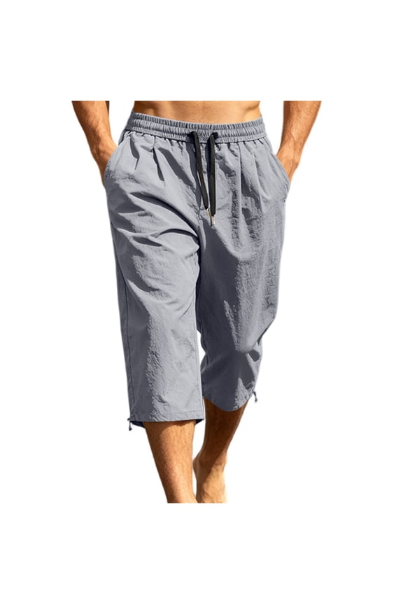Men Drawstring Elastic High Waist Adjustable Hem Cropped Capri Woven Pants Deep Side Slip Pockets Lightweight Crinkle Fabric Summer Beach Outdoor Casual Trousers M