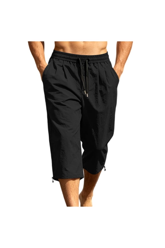 Men Drawstring Elastic High Waist Adjustable Hem Cropped Capri Woven Pants Deep Side Slip Pockets Lightweight Crinkle Fabric Summer Beach Outdoor Casual Trousers XXL