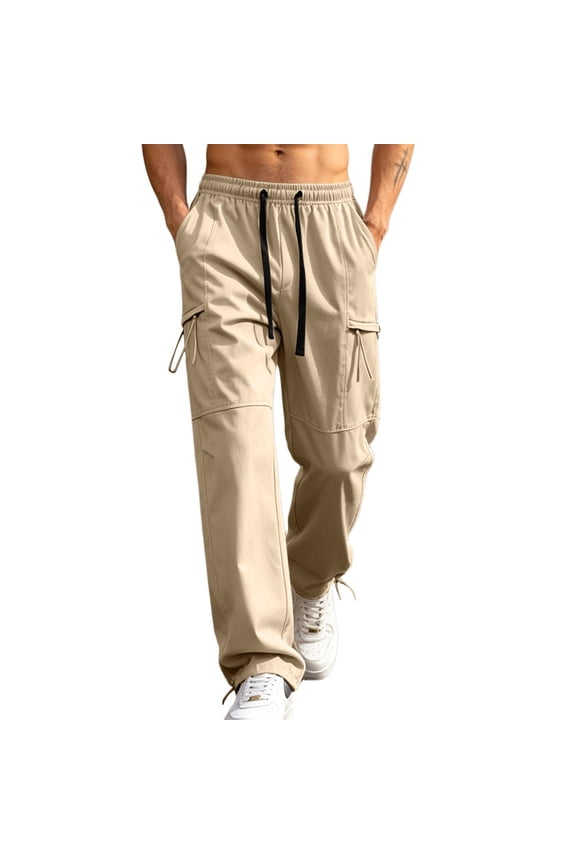 Men Drawstring Elastic High Waist Dual Drawstring Flap Cargo Adjustable Hem Wide Leg Woven Pants Multi Storage Pockets Quick Dry Outdoor Travel Work Trousers M