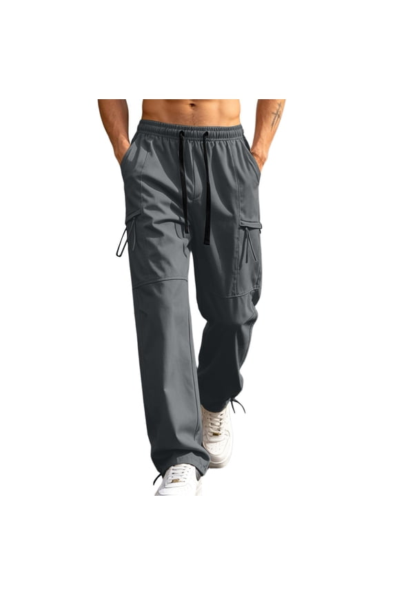 Men Drawstring Elastic High Waist Dual Drawstring Flap Cargo Adjustable Hem Wide Leg Woven Pants Multi Storage Pockets Quick Dry Outdoor Travel Work Trousers XXXL