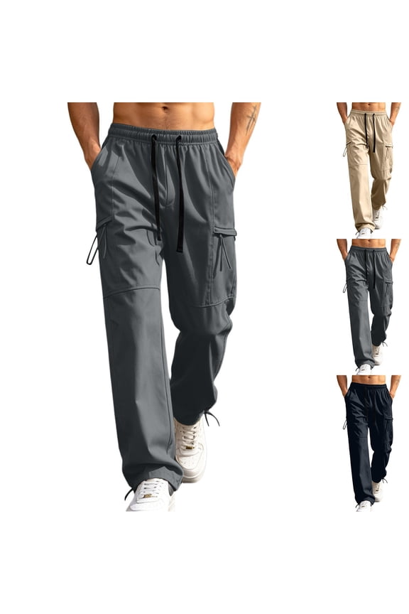 Men Drawstring Elastic High Waist Dual Drawstring Flap Cargo Adjustable Hem Wide Leg Woven Pants Multi Storage Pockets Quick Dry Outdoor Travel Work Trousers L