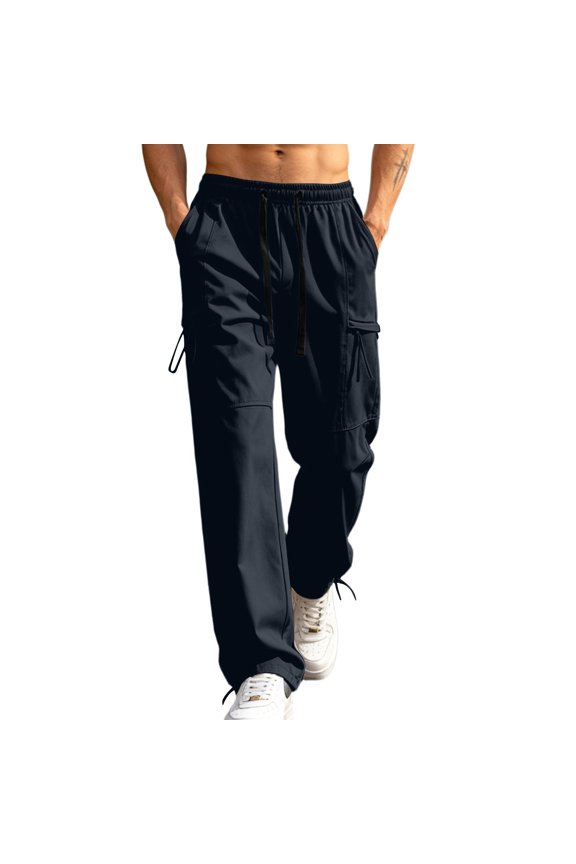 Men Drawstring Elastic High Waist Dual Drawstring Flap Cargo Adjustable Hem Wide Leg Woven Pants Multi Storage Pockets Quick Dry Outdoor Travel Work Trousers XXXL
