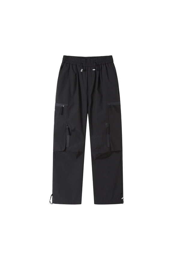 Men Drawstring Elastic High Waist Dual Layer Zipper Cargo Adjustable Hem Wide Leg Woven Pants Multi Storage Pockets Windproof Camping Daily Work Trousers M