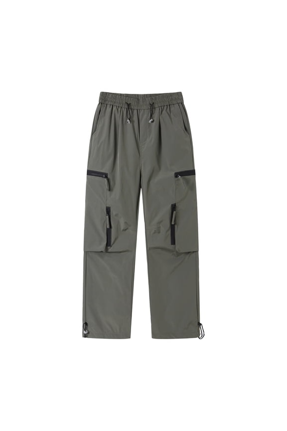 Men Drawstring Elastic High Waist Dual Layer Zipper Cargo Adjustable Hem Wide Leg Woven Pants Multi Storage Pockets Windproof Camping Daily Work Trousers XL