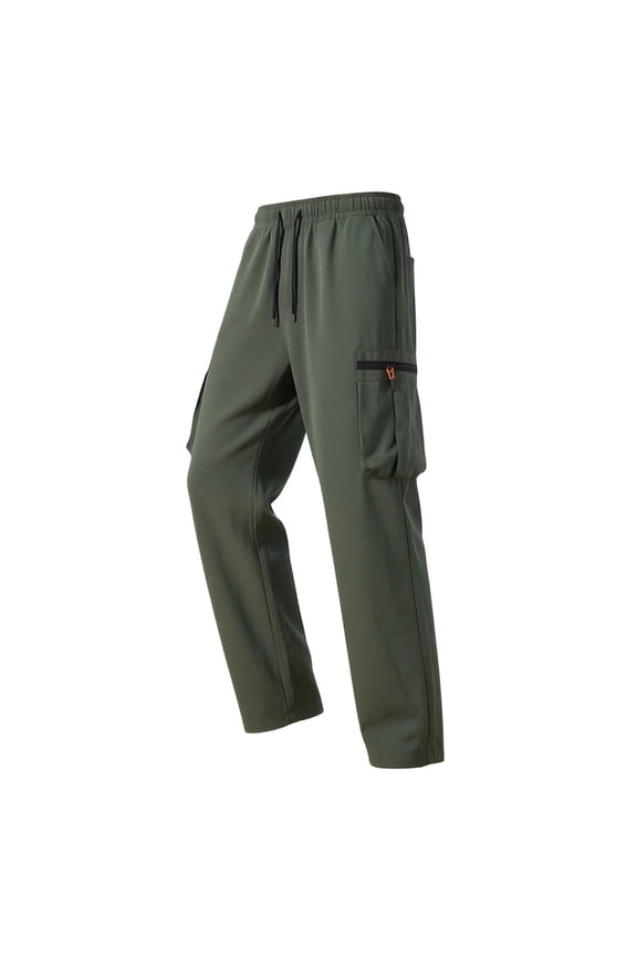Men Drawstring Elastic High Waist Dual Zipper Flap Cargo Straight Leg Quick Dry Woven Pants Large Side Storage Pockets Windproof Industrial Outdoor Work Trousers XXL