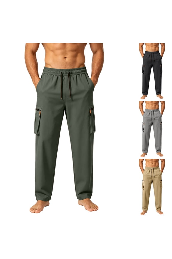 Men Drawstring Elastic High Waist Dual Zipper Flap Cargo Straight Leg Quick Dry Woven Pants Large Side Storage Pockets Windproof Industrial Outdoor Work Trousers L