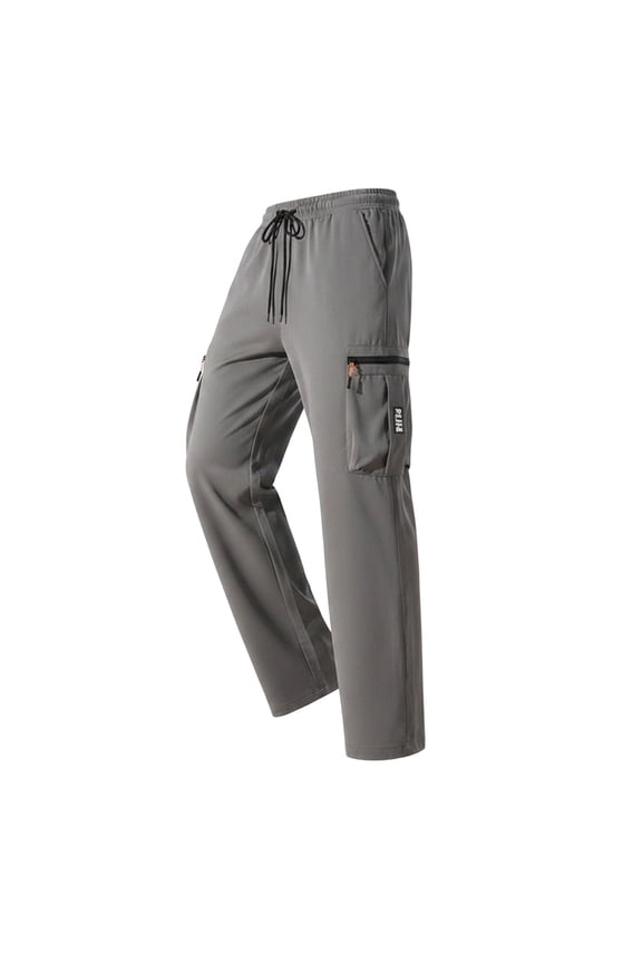Men Drawstring Elastic High Waist Dual Zipper Flap Cargo Straight Leg Quick Dry Woven Pants Large Side Storage Pockets Windproof Industrial Outdoor Work Trousers XXXL